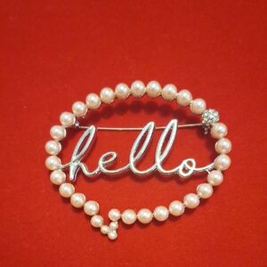 Betsey Johnson Pearl 'hello' Script Brooch - White Pearls & Silver Tone